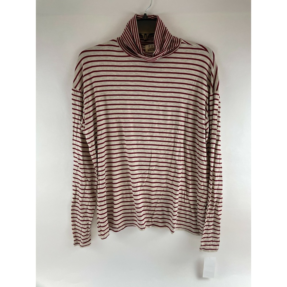 Project Social Turtleneck Shirt Women's L Burgundy Tan Striped Long Sleeve NWT